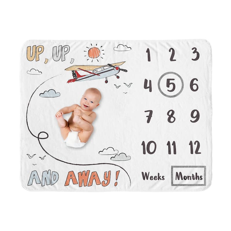 Vintage Airplane Boy Baby Monthly Milestone Blanket - Grey Yellow Orange Red White Blue Airplanes Air Plane Transportation Cloud