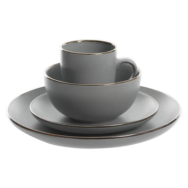 Gibson Home Rockaway Round Stoneware Dinnerware, Service for 4, Grey w/ Gold Rim - 23