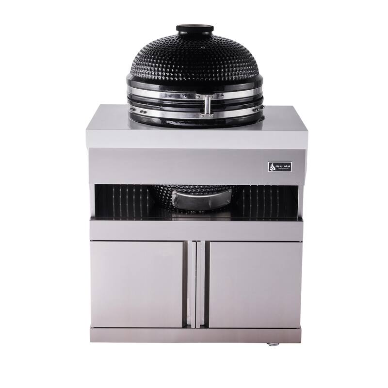 Mont Alpi MAKM-18 Heavy Duty Stainless Steel Universal Kamado Charcoal Smoker Grill Module with Granite Countertop + Storage - White / Stainless Steel