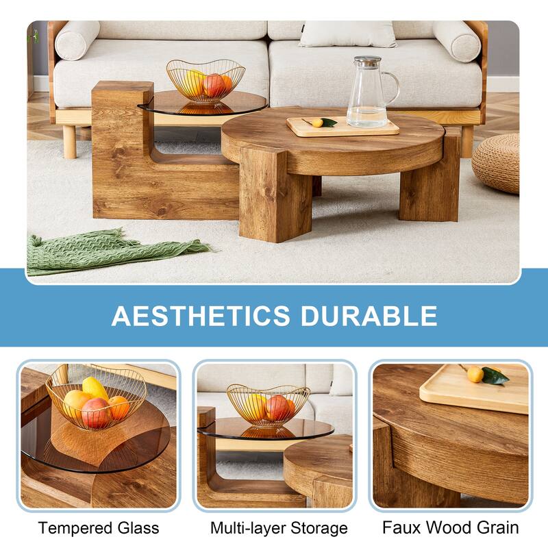 Double-Layer Round Coffee Table, Transparent Glass Top with L-Shaped Legs, Detachable Design Modern Center Table