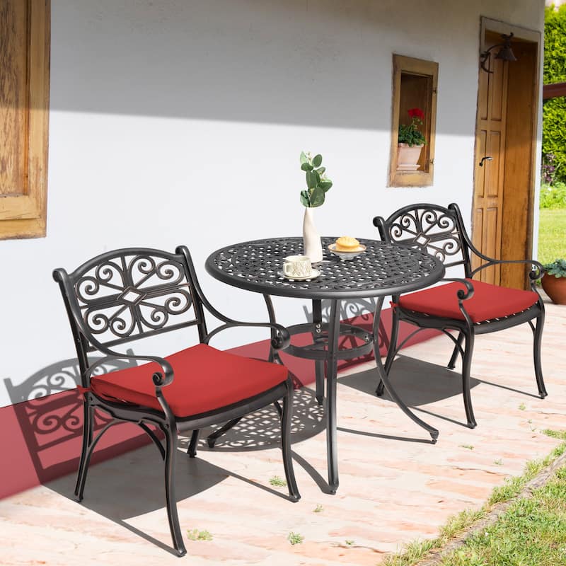 Outdoor Cast Aluminum Bistro Set of 3 with Umbrella Hole and Cushions - black with gold-painted edge and red