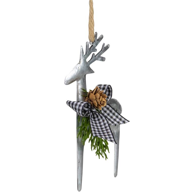 6.25" Silver Metal Reindeer Christmas Ornament with a Gingham Bowtie and Pine