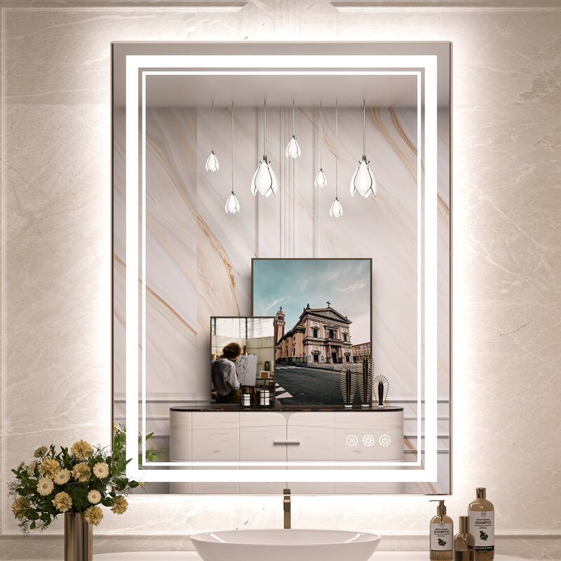 Keonjinn Rectangular Front Light & Backlit,LED Bathroom Vanity Mirror, 3 Color Temperatures, Anti Fog - 28''x36''