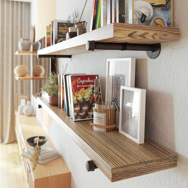 Wallniture Pipe Shelving, Deep Wall Shelves, Hanging Wooden Shelf for Wall, Decorative Shelves for Living Room, 2 Pcs
