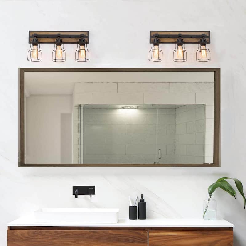Ino Farmhouse 3-Light Wood Grain Bathroom Vanity Lights Wall Sconces - 21"L x 11.5"H x 6" D