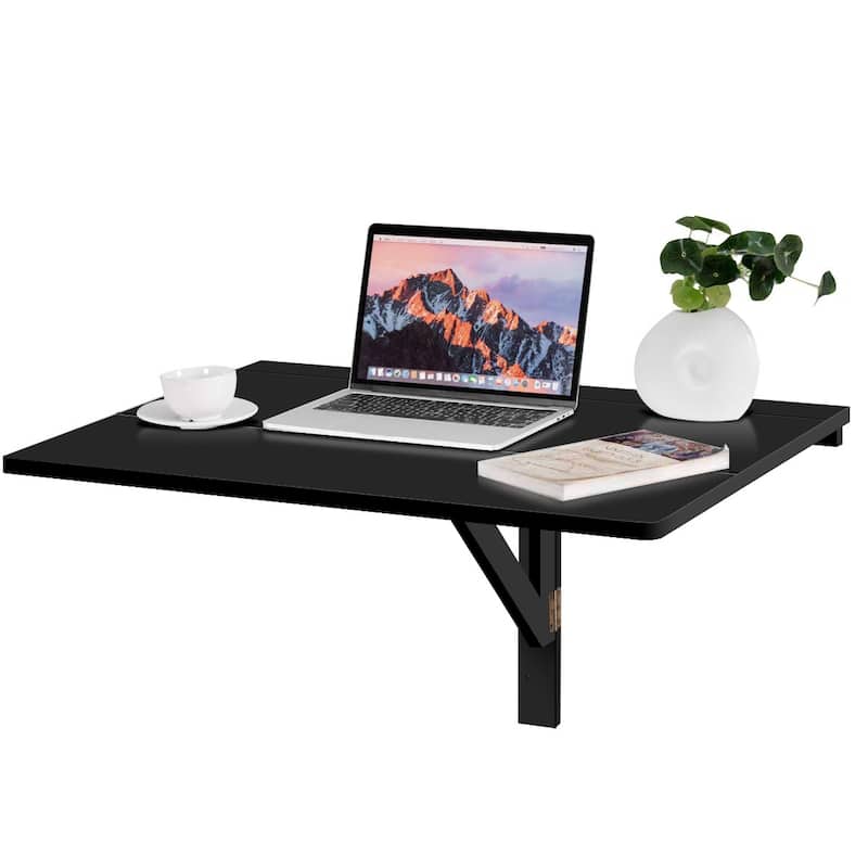Gymax Wall-Mounted Drop-Leaf Table Floating Folding Desk Space Saver - Black