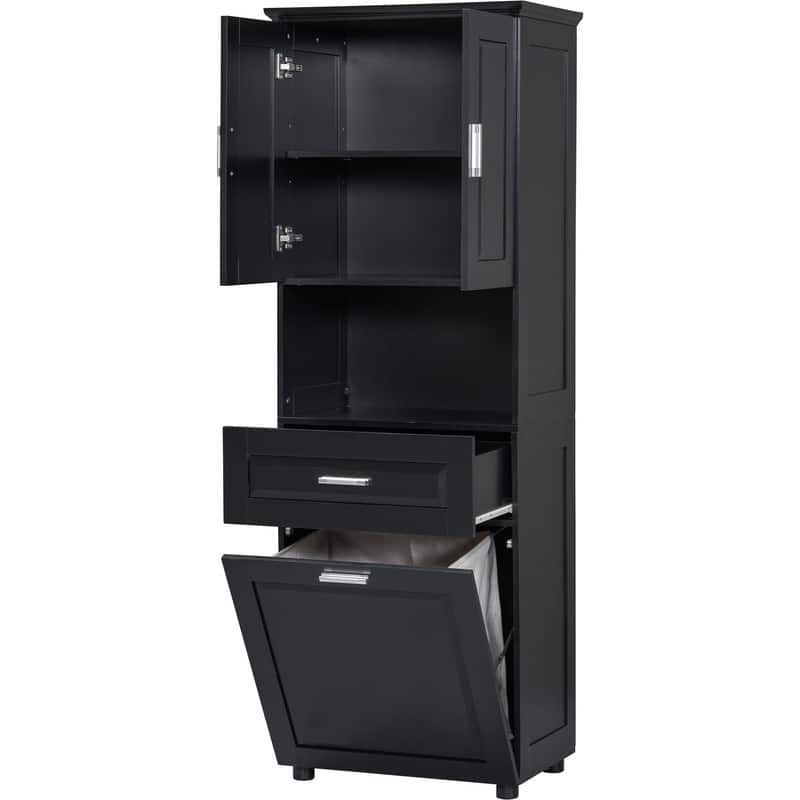 Tall Bathroom Cabinet with Tilt-Out Laundry Basket and Upper Storage Cabinet