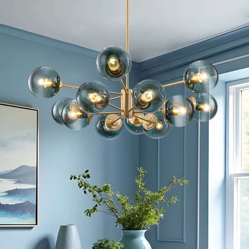 Mid-Century 12-Light Sputnik Blue Glass Bubble Chandelier 35.4in - Brass