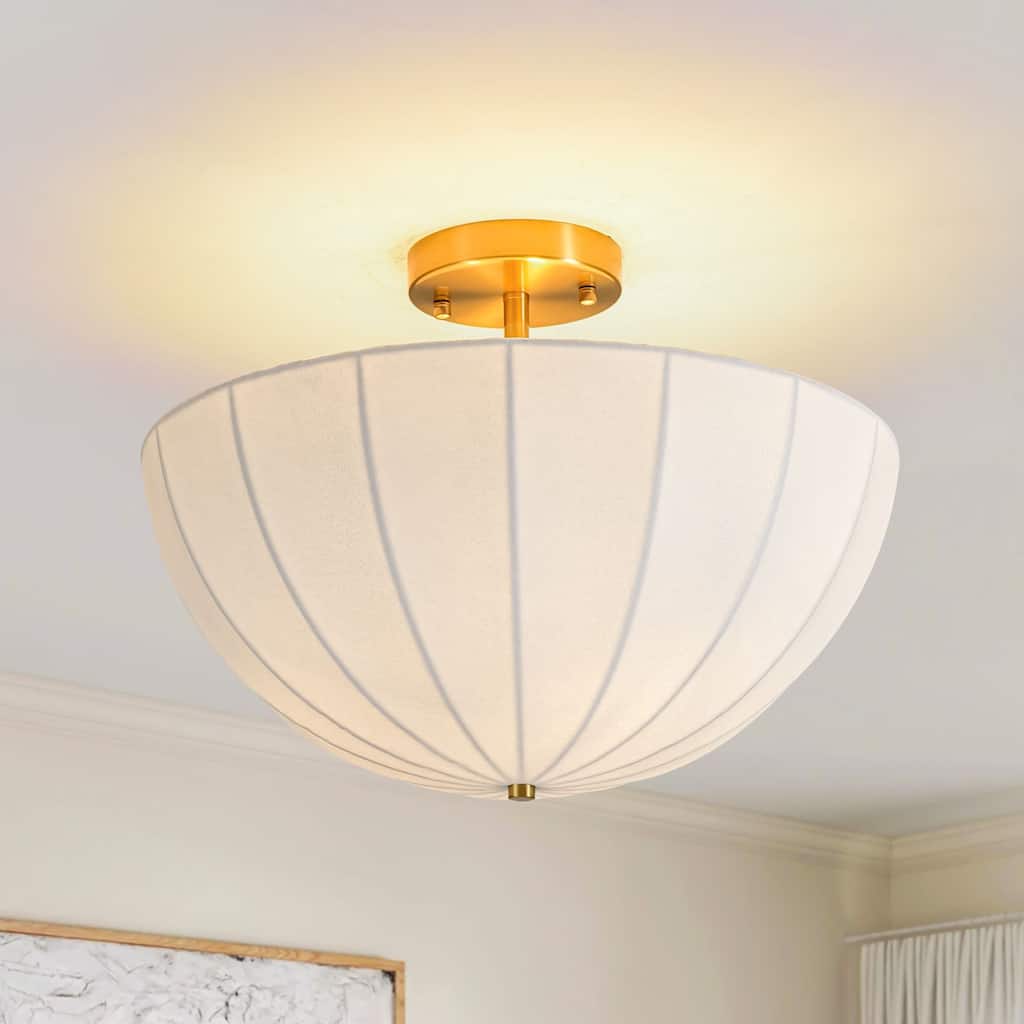 3-Light Mid-Century Modern Silk Flush Mount Ceiling Light, Semi Dome Fabric Shade for Bedroom - 3 Light