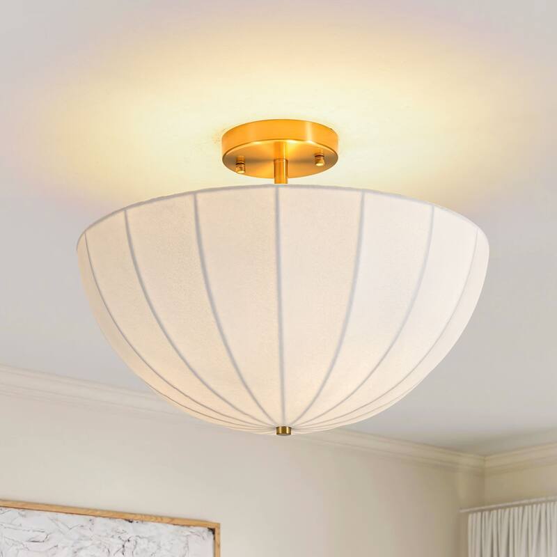 3-Light Modern Silk Flush Mount Ceiling Light, Semi Dome Fabric Shade for Bedroom - 3 Light - Gold/White - 3 Light