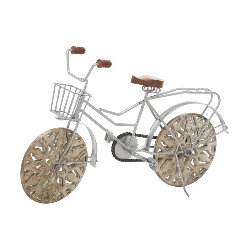 Metal Bike Decorative Sculpture with Carved Wood Wheels - White, Brown, Gold - Roche River Decor - Brown - 19"W, 12"H