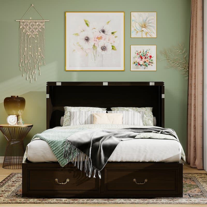 Solid Wood Murphy Bed Full Size with Storage | Space Saving Walnut Cabinet Bed with Easy Pull-Out Mechanism for Bedroom