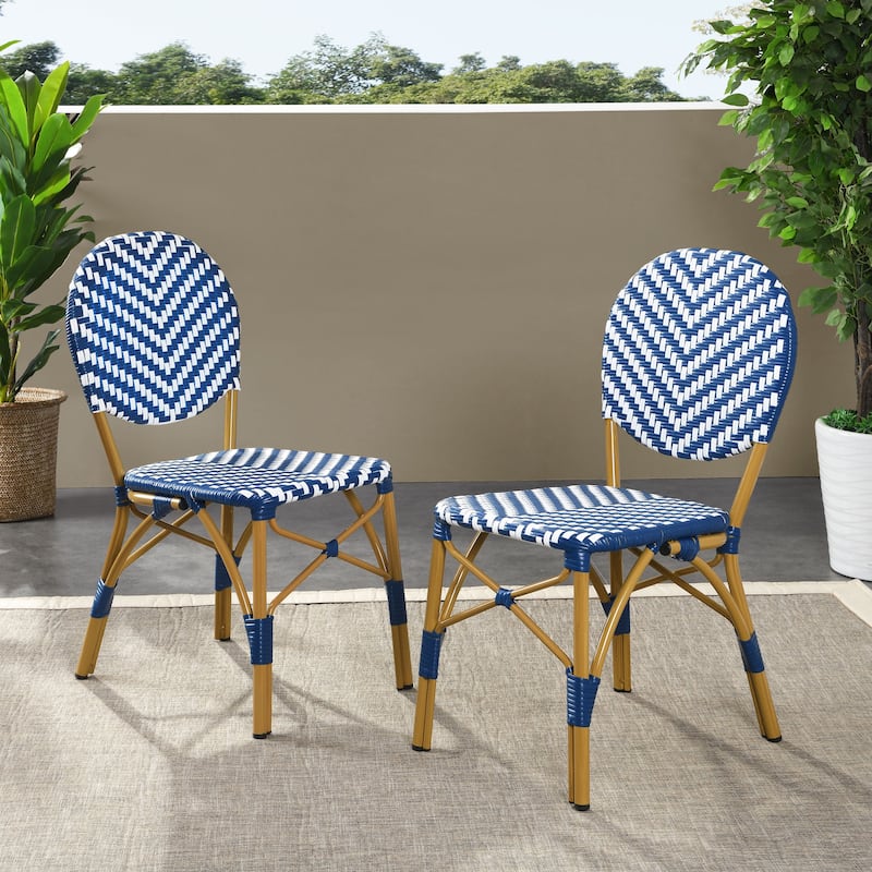 Picardy Patio French Cafe Chair (Set of 2) by Christopher Knight Home - 17.75" L x 23.25" W x 35.00" H - Navy Blue + White + Bamboo Print Finish