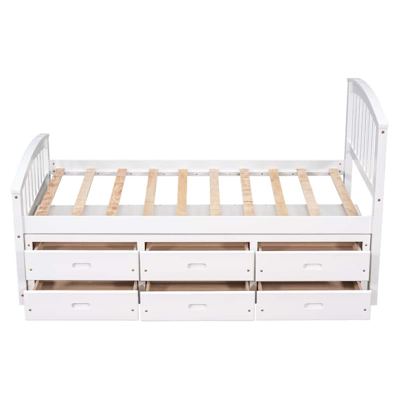 Twin Size Solid Wood Platform Storage Bed with 6 Drawers, White