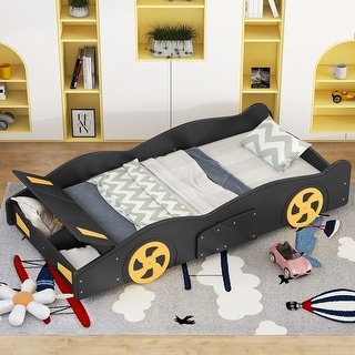 Twin/ Full Size Race Car-Shaped Bed Frame with Wheels and Storage, Wooden Platform Bed Frame for Kids, Teens