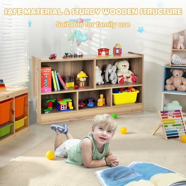 Children's Wooden Toy Storage Cabinet with 2 Shelves and 5 Cubes - 44" x 12" x 24" (L x W x H)