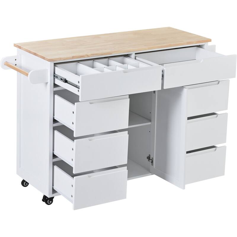 Rubberwood Kitchen Cart with Drop Leaf, Internal Storage Rack, Tableware organizer, and 8 drawers