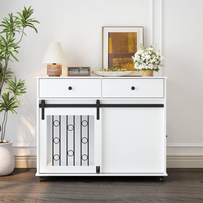 39.37" Dog Crate Furniture with Double Drawers and Sliding Barn Door, Decorative Pet Kennel End Table with Lockable Wheels