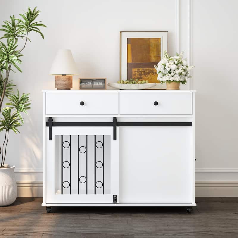 Wooden Dog Crate with Lockable Wheels, 2 Drawers & Sliding Barn Door, Decorative Pet Kennel End Table for Small to Medium Dogs