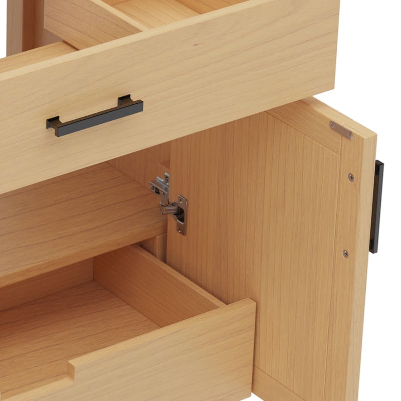 Rattan Bathroom Vanity with Ceramic Sink, Bathroom Sink Cabinet with Soft Close Doors and Drawers