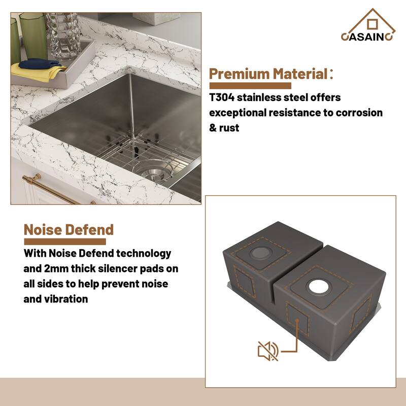 32 in. Undermount Double Bowl 18 Gauge Brushed Stainless Steel Kitchen Sink with Bottom Grid and Basket Strainer