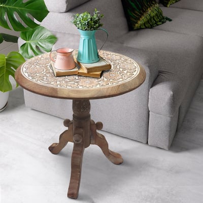 Intricately Carved Round Top Mango Wood Side End Table with Pedestal Base, Brown and White