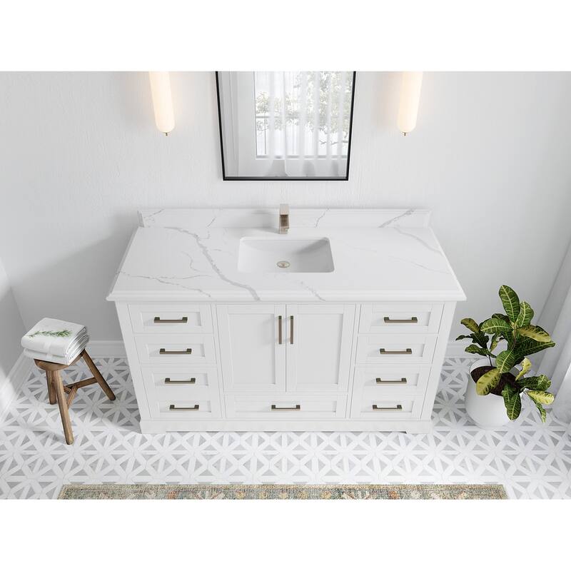 Willow Collection 60 in W x 22 in D x 36 in H Boston Single Bowl Sink Bathroom Vanity with Countertop - 1.5"Calacatta - White