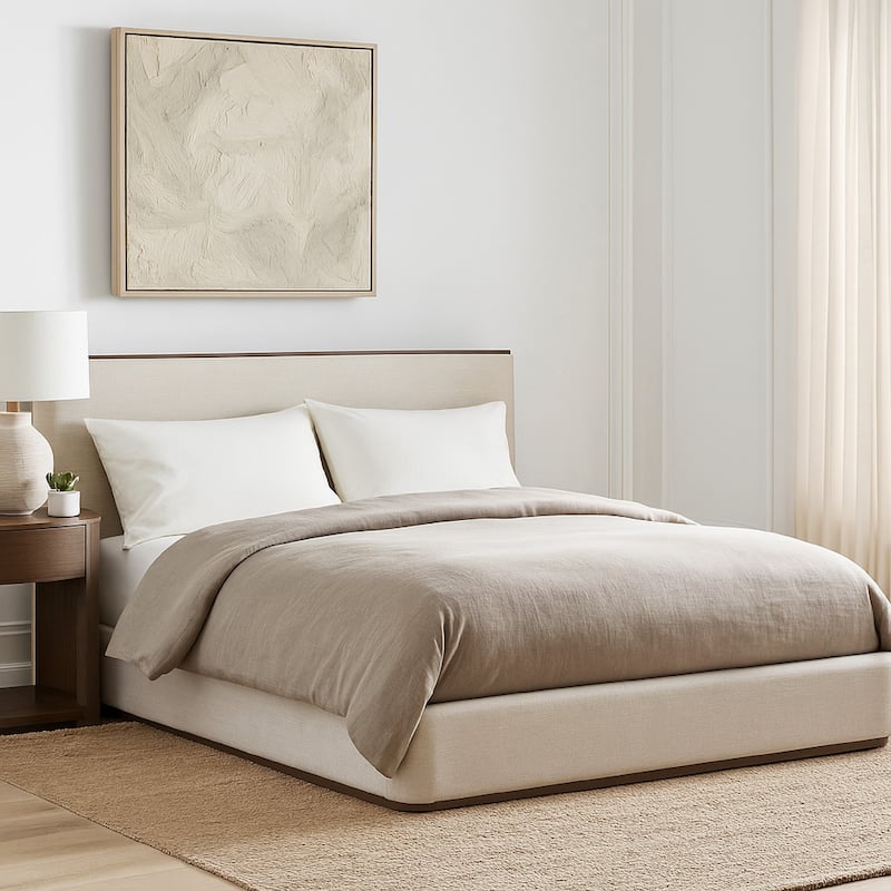 Orion King Bed with Low Profile Footboard, Gray Fabric Upholstered