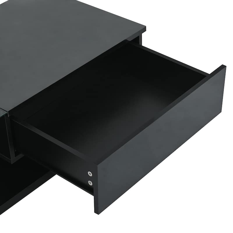 Modern Tempered Glass Coffee Table, 2-Tier Rectangular Center Table with Sliding Drawers, for Living Rooms, Black
