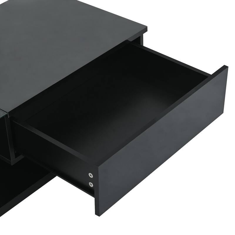 Roomfitters Modern Coffee Table with Tempered Glass Top, High Gloss 2-Tier Rectangle Center Table for Living Room