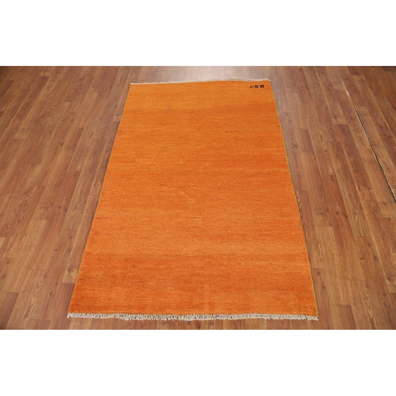 Contemporary Gabbeh Oriental Foyer Rug Hand-Knotted Orange Wool Carpet - 3'2"x 4'11"