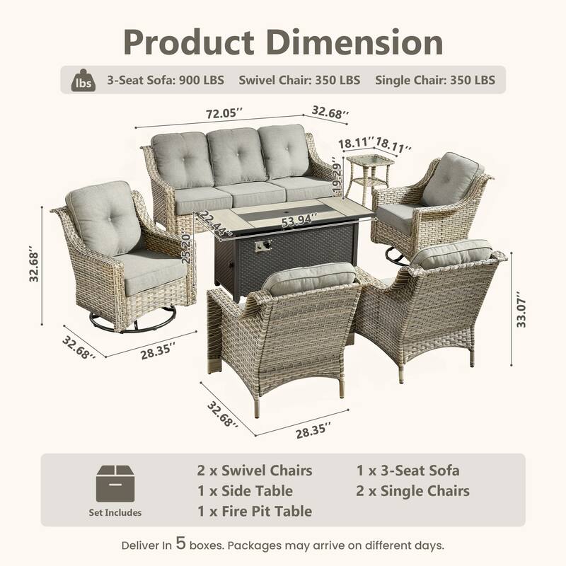 HOOOWOOO 7-piece Wicker Rattan Outdoor High Back Conversation Set with 54" Fire Pit