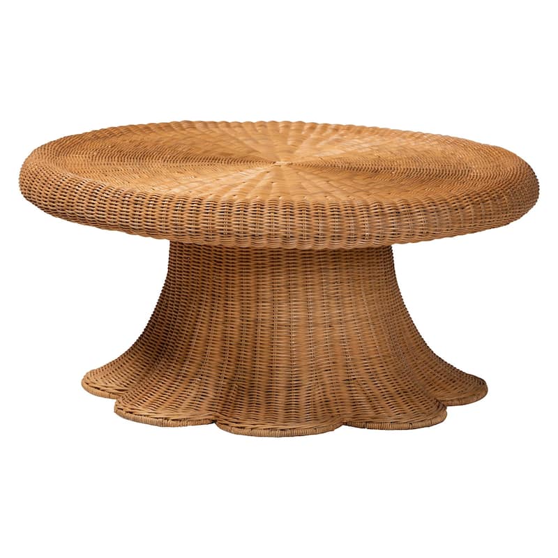 Avalon Natural Rattan Round Coffee Table with Scalloped Pedestal Base - Coastal Boho Wicker Accent Table - Light Honey