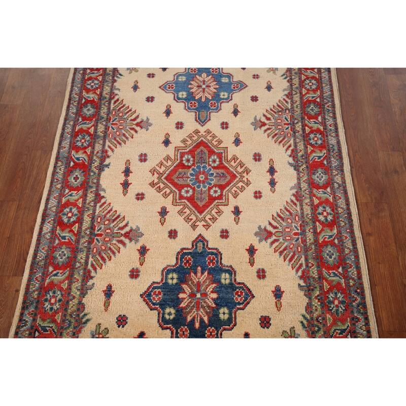Kazak Accent Rug Handmade Geometric Beige Wool Carpet - 3'5" x 5'0"