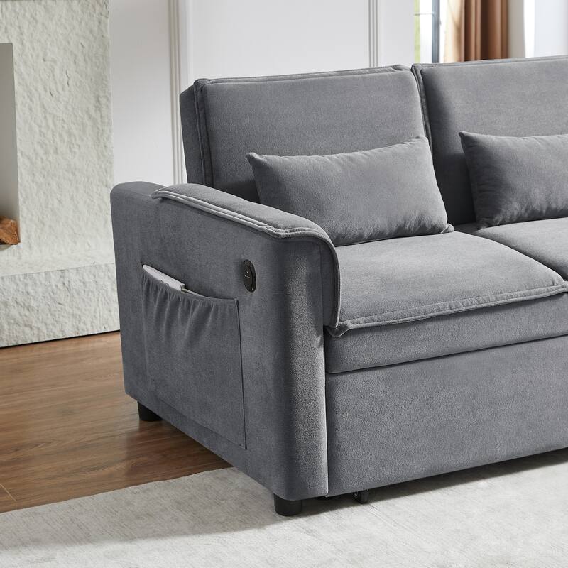 Loveseat Convertible Pull-out Sleeper Sofa Bed, Adjustable Backrest Tufted Couch with USB Ports and 2 Pillows Recliner Sofa