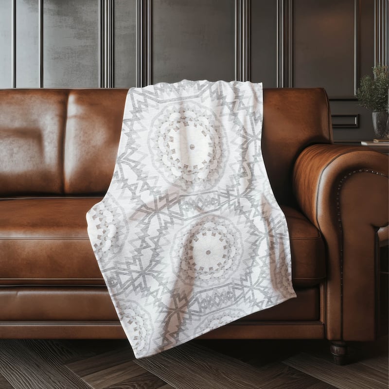 Premium Machine Washable Boho Suzani Sherpa Throw Blanket - Silver - 4'2" x 5'10"