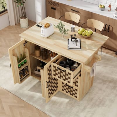 53.2″ Woven Checkerboard Kitchen Island Cart with Drop Leaf, Power Outlets & Storage