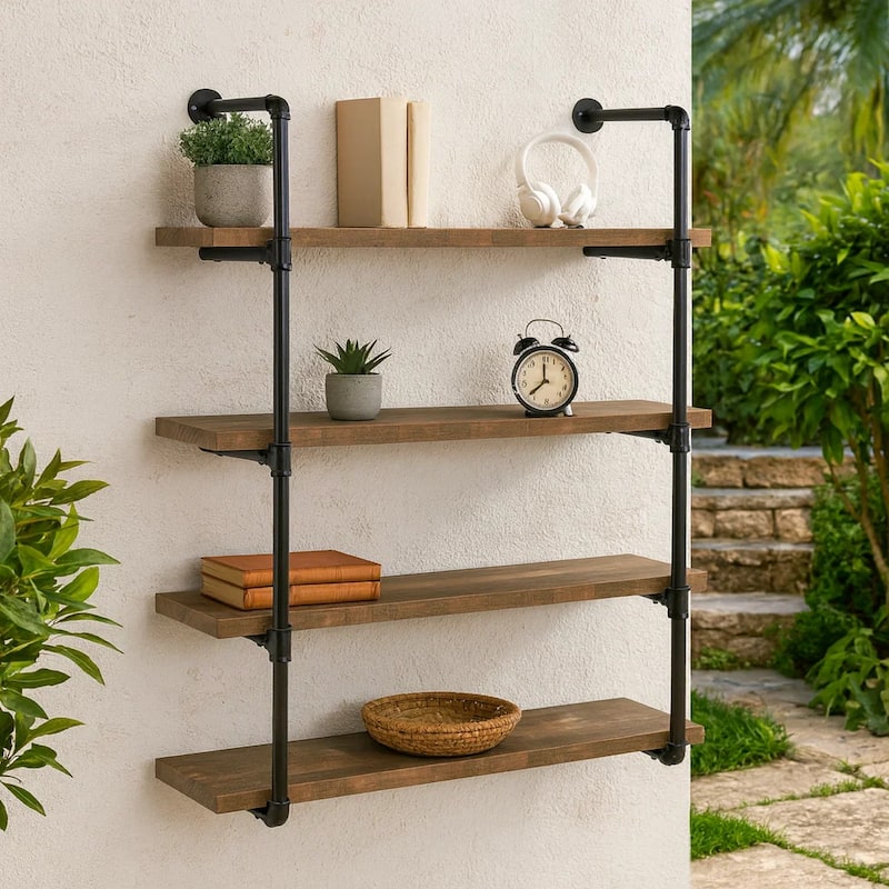 Wall Shelf with 4 Tier Shelves and Pipe Design Frame, Brown