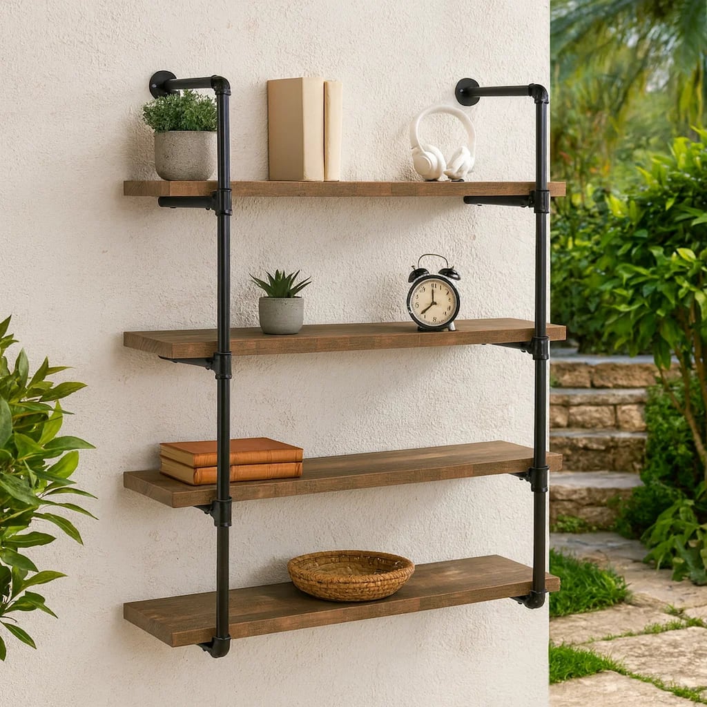 Wall Shelf with 4 Tier Shelves and Pipe Design Frame, Brown