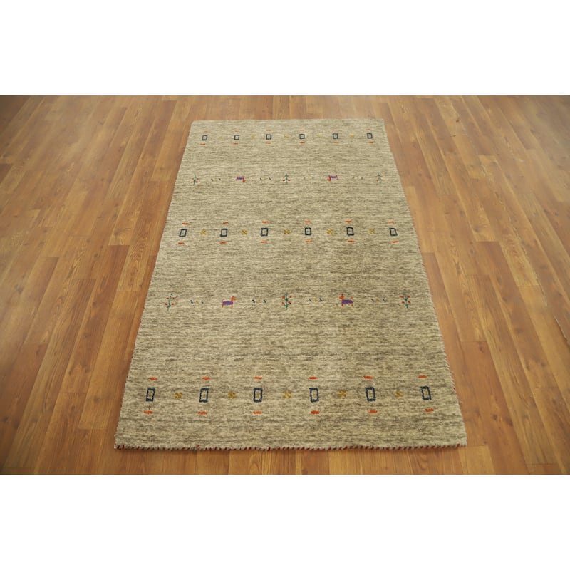 Hand Knotted Oriental 100% Wool Carpet Tribal Animal Pictorial Beige & Ivories Gabbeh Area Rug - 4' 10'' X 3' 0''