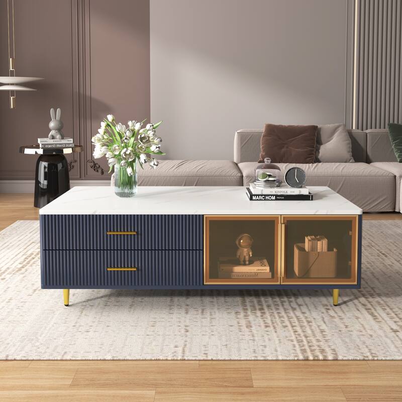 Modern Coffee Table with Cabinet and 2 Drawers by Harper&Bright Designs - Navy Blue
