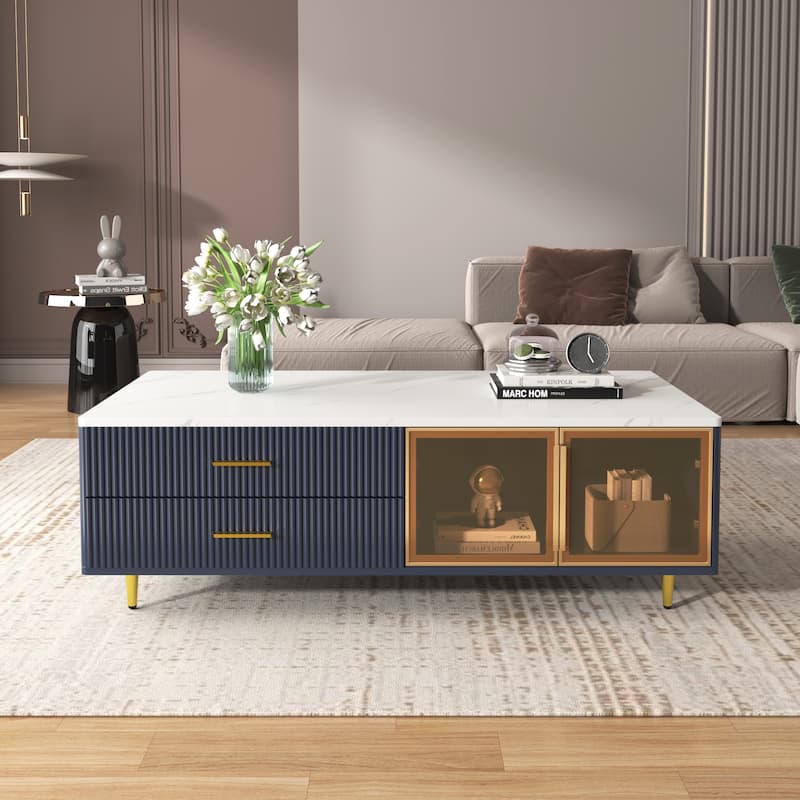 Modern Navy Blue Coffee Table with 2 Glass Door Storage, 4 Drawers, Gold Metal Legs, and Multi-Color Lighting in 47.2'' - Navy Blue