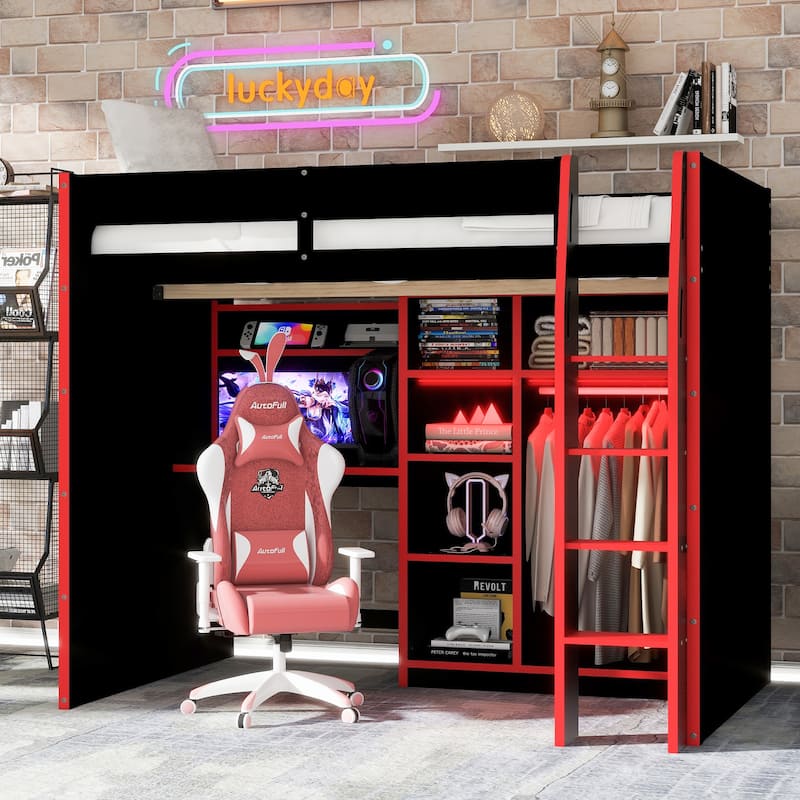 All-in-one Full Size Wood Loft Bed for Gaming & Workspace with Desk, Open Wardrobe, Storage Compartments and RGB Light Strip