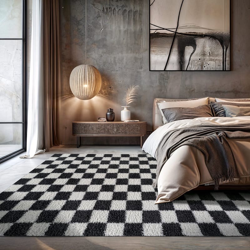 Block Shag Rug - Great for Living Room, Bedroom, or Entryway - Medium Pile, Easy to Clean - Anthracite Dark Gray