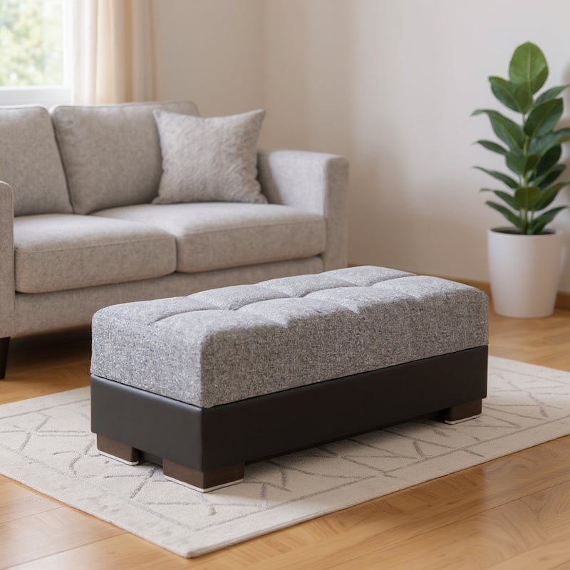 HomeRoots 50" Gray Black Brown and Gray Chenille And Faux Leather Storage Ottoman - Black/Gray - 50.00 in. x 19.00 in.  x 20.00 in.
