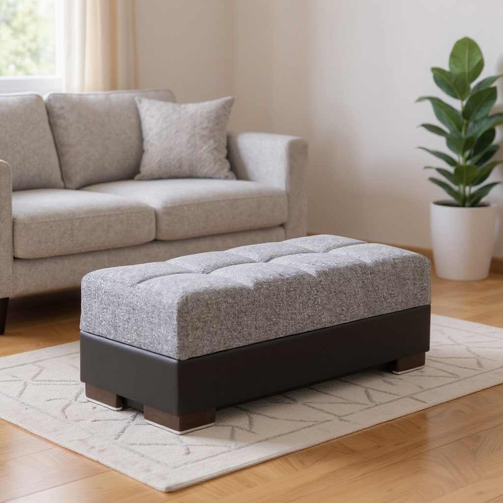 HomeRoots 50" Gray Black Brown and Gray Chenille And Faux Leather Storage Ottoman