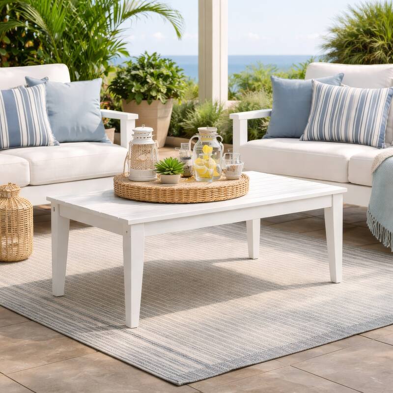Fini 44 Inch Outdoor Coffee Table, Slatted Top, Modern Style, White Finish