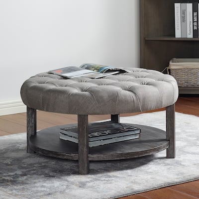 Aquines Farmhouse Round Gray Fabric Solid Wood Tufted Storage Cocktail Ottoman by Furniture of America