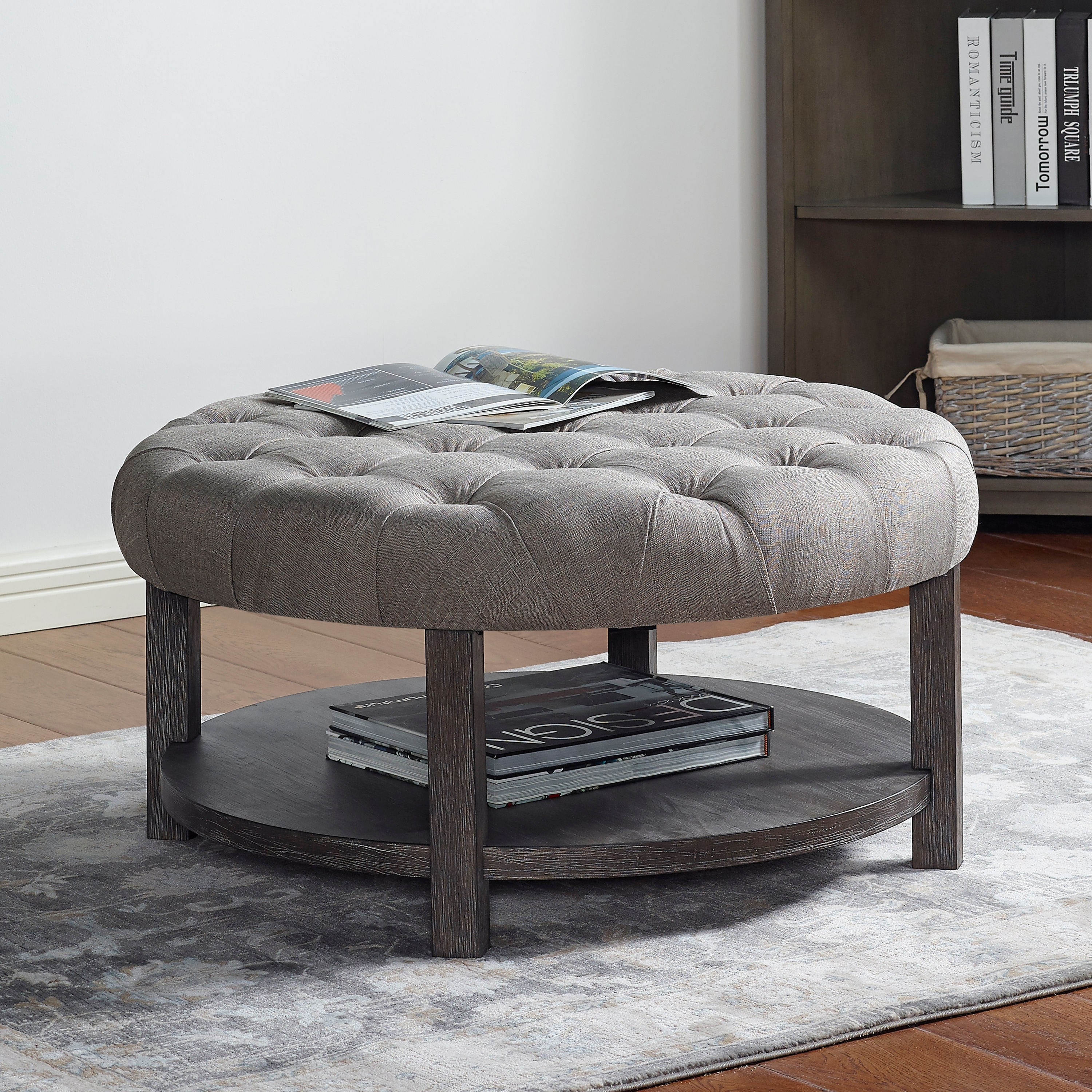 Furniture of America Aquines Farmhouse Round Gray Fabric Solid Wood Tufted Storage Cocktail Ottoman