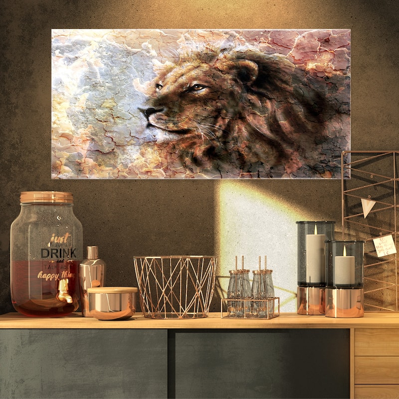 Designart "Peaceful Lion" Animal Art On Canvas - 32 in. wide x 16 in. high